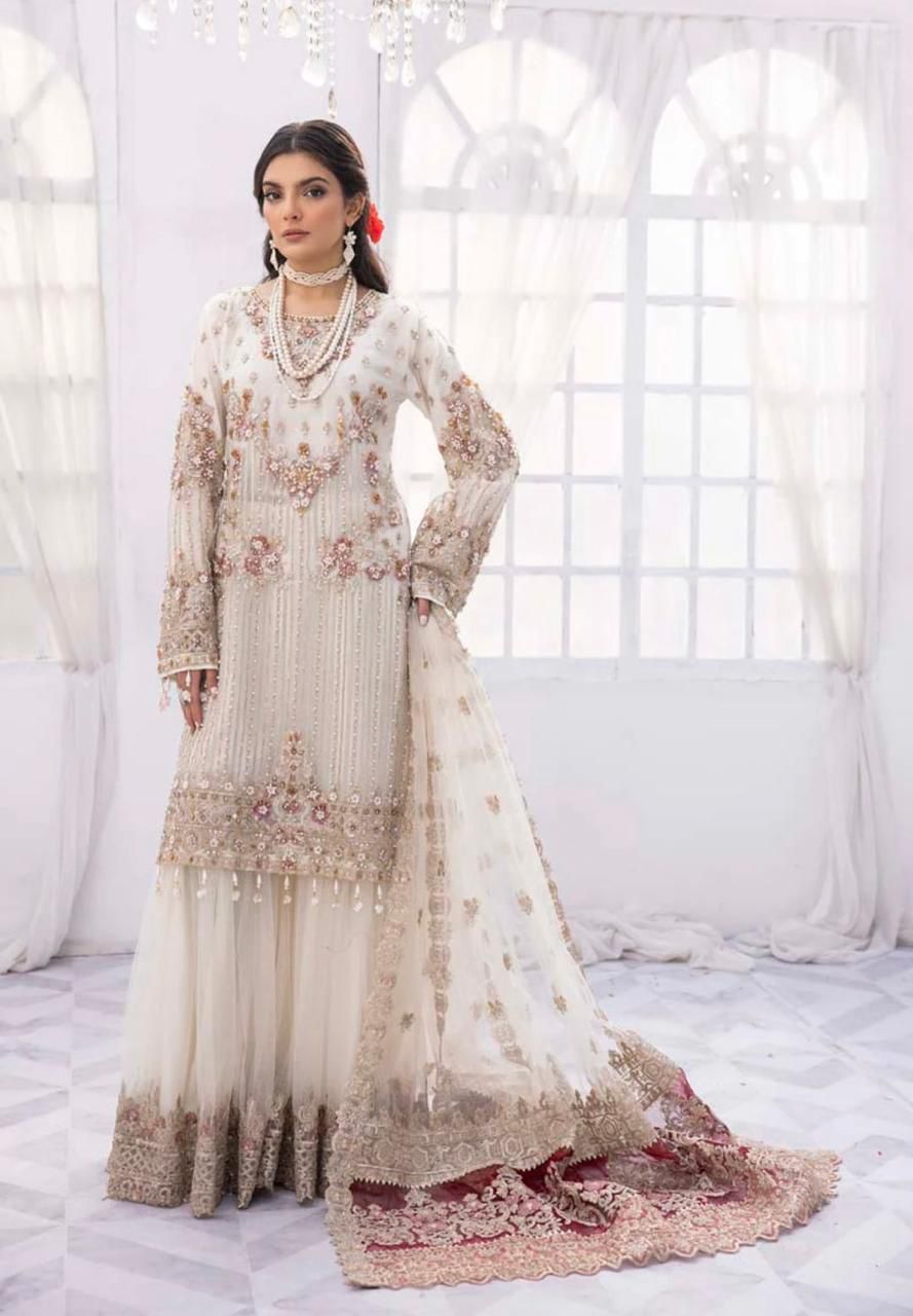 New Arrival: IMROZIA PREMIUM Hand-Made Bridal Off-White Lengha/Garara Collection